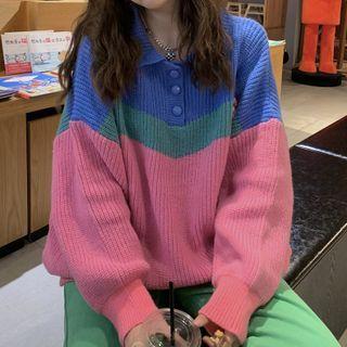 Color Block Polo Sweater Blue & Green & Pink - One Size