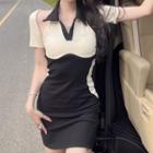 Set: Sleeveless Collar Two-tone Mini Sheath Dress + Cap-sleeve Shrug