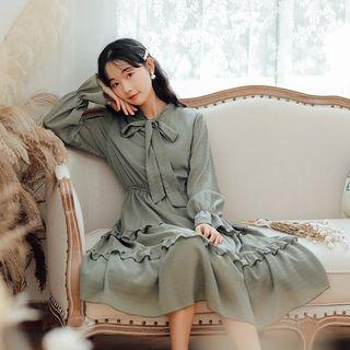 Layered Long-sleeve Tie-neck Chiffon Dress