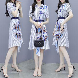 Short-sleeve Paneled Striped Midi A-line Shirt Dress