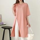 Wrap-front Deep-slit Long T-shirt