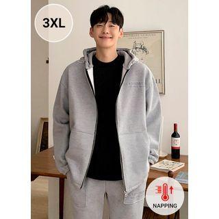 Letter-embroidered Fleece-lined Zip-up Hoodie