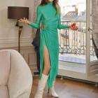 Long-sleeve Turtleneck Glitter Cutout Side-slit Midi Dress