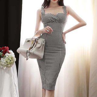 Spaghetti Strap Check Midi Bodycon Dress