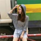 Hooded 3/4-sleeve Striped T-shirt