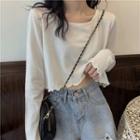 Long-sleeve Round Neck Plain Loose Fit Ruffle Trim Cropped T-shirt