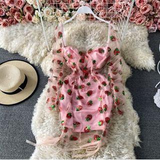 Mesh Overlay Sequined Strawberry Drawstring Dress