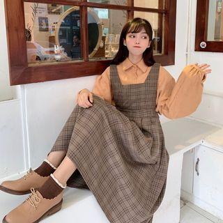 Set : Lantern-sleeved Shirt + Plaid Vest Dress