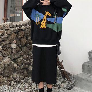 Cartoon Pattern Sweater / High Waist Midi Skirt
