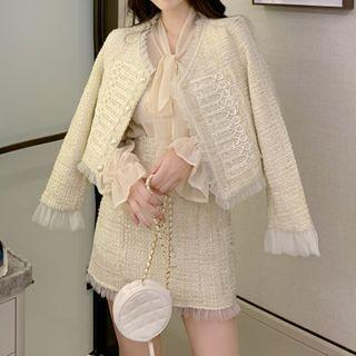 Set: Tweed Frill Trim Jacket + Mini Skirt