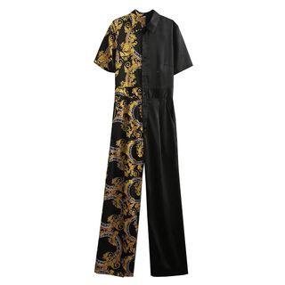 Short-sleeve Printed Panel Jumpsuit