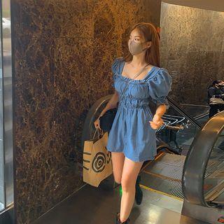 Square-neck Frilled Denim Playsuit Blue - One Size