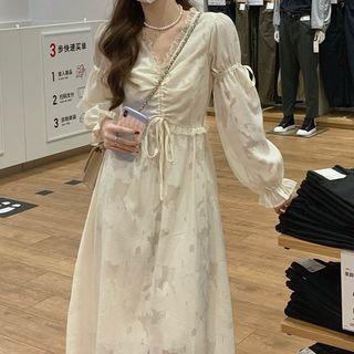 Bell-sleeve V-neck Lace Trim Drawstring Midi Dress