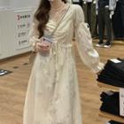 Bell-sleeve V-neck Lace Trim Drawstring Midi Dress