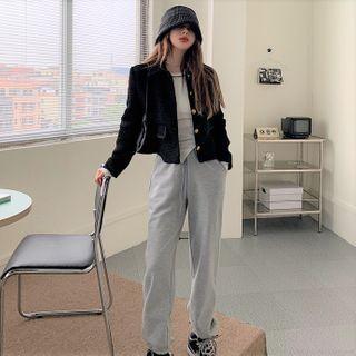 Long-sleeve Woolen Cardigan / Long-sleeve Irregular T-shirt / Plain Drawstring Pants