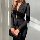 Long-sleeve V-neck Slit Ruched Midi Bodycon Dress