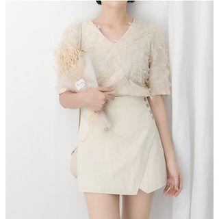 Short-sleeve V-neck Top Almond - One Size