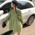 Puff-sleeve Shirred A-line Dress Green - One Size