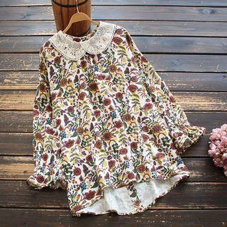 Floral Print Blouse White & Brown & Yellow - One Size