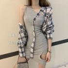 One-shoulder Cutout Mini Bodycon Dress / Plaid Long-sleeve Shirt