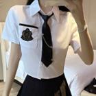 Set: Short-sleeve Badge Embroidered Shirt + Neck Tie