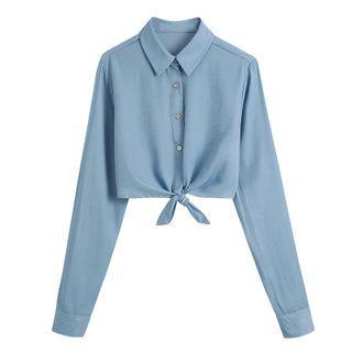 Long-sleeve Tie-hem Crop Shirt