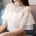 Ruffle Elbow-sleeve Lace Panel Chiffon Top