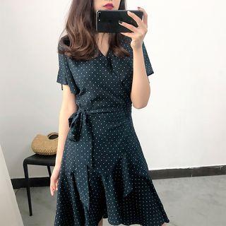 Polka Dot Short-sleeve Wrap Dress