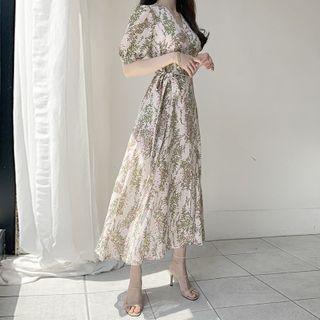 Puff-sleeve V-neck Tie-waist Floral Wrapped Dress