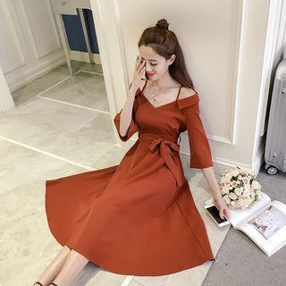 Cold Shoulder 3/4-sleeve A-line Midi Dress
