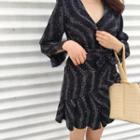 Star Print V-neck Ruffle Long-sleeve Dress