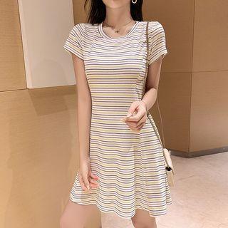 Striped Short-sleeve A-line Dress Blue & Green Stripes - White - One Size