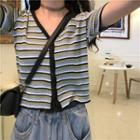Short-sleeve Button Striped Knit Top As Shown In Figure - One Size