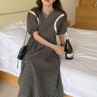 Dotted Puff-sleeve Dress Black - One Size