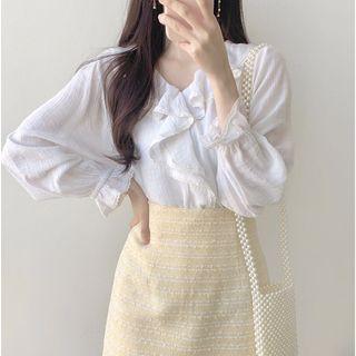 Crochet Trim Ruffled Blouse / Fringed Tweed A-line Skirt