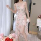 Spaghetti Strap Floral Sheer Panel Dress