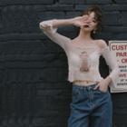 Printed Long-sleeve Cropped Top Light Khaki - One Size