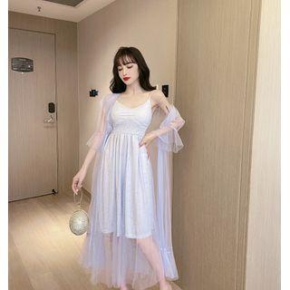 Set: Spaghetti Strap Midi A-line Dress + Mesh Jacket