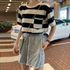 Striped Short-sleeve Crop T-shirt / Straight Fit Jeans