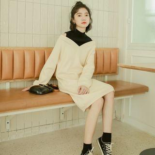 Mock Two-piece Long-sleeve Midi Knit Dress Almond - One Size