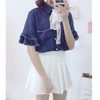 Frilled Bell-sleeve Chiffon Blouse / Pleated Mini Skirt