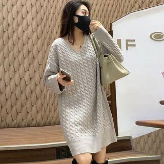 Long-sleeve V-neck Knit Mini Shift Dress