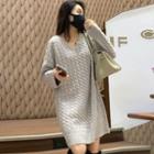 Long-sleeve V-neck Knit Mini Shift Dress