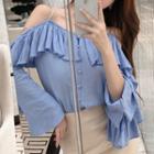 Cold-shoulder Long-sleeve Ruffle Blouse Light Blue - One Size