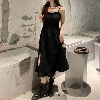 Spaghetti Strap Slit Midi A-line Dress / Denim Jacket