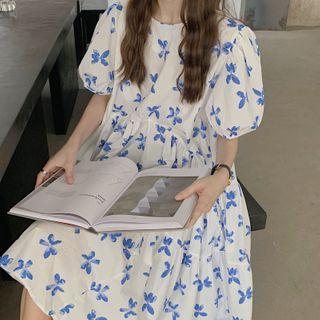 Puff-sleeve Butterfly Print A-line Midi Dress As Shown In Figure - One Size