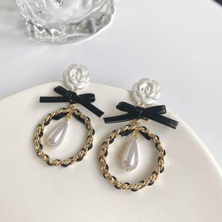 Faux Pearl Hoop Drop Earring 1 Pair - Faux Pearl Hoop Drop Earring - Gold & Black & White - One Size