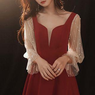 Long-sleeve Mesh Panel A-line Evening Dress