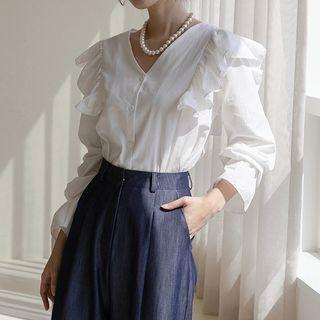 Poet-sleeve V-neck Frilled Blouse White - One Size