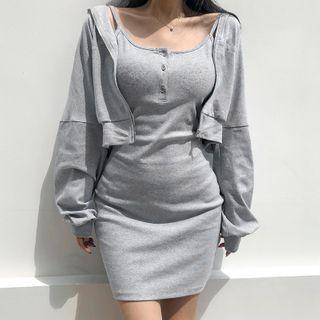 Hooded Zip Jacket / Spaghetti Strap Mini Sheath Dress